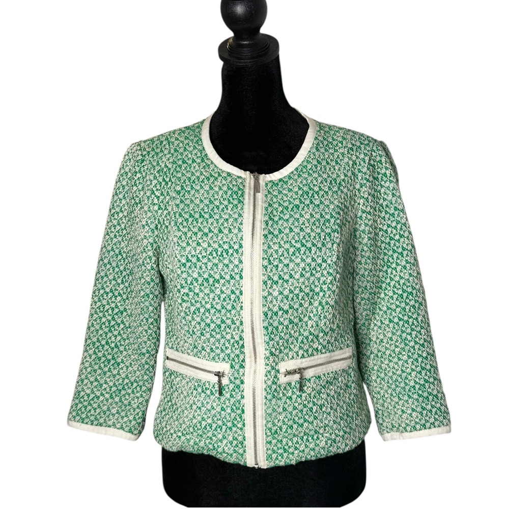 Cabi Woven Knit Full Zip Cardigan Green Sweater‎ Womens 4 Office Career Preppy
